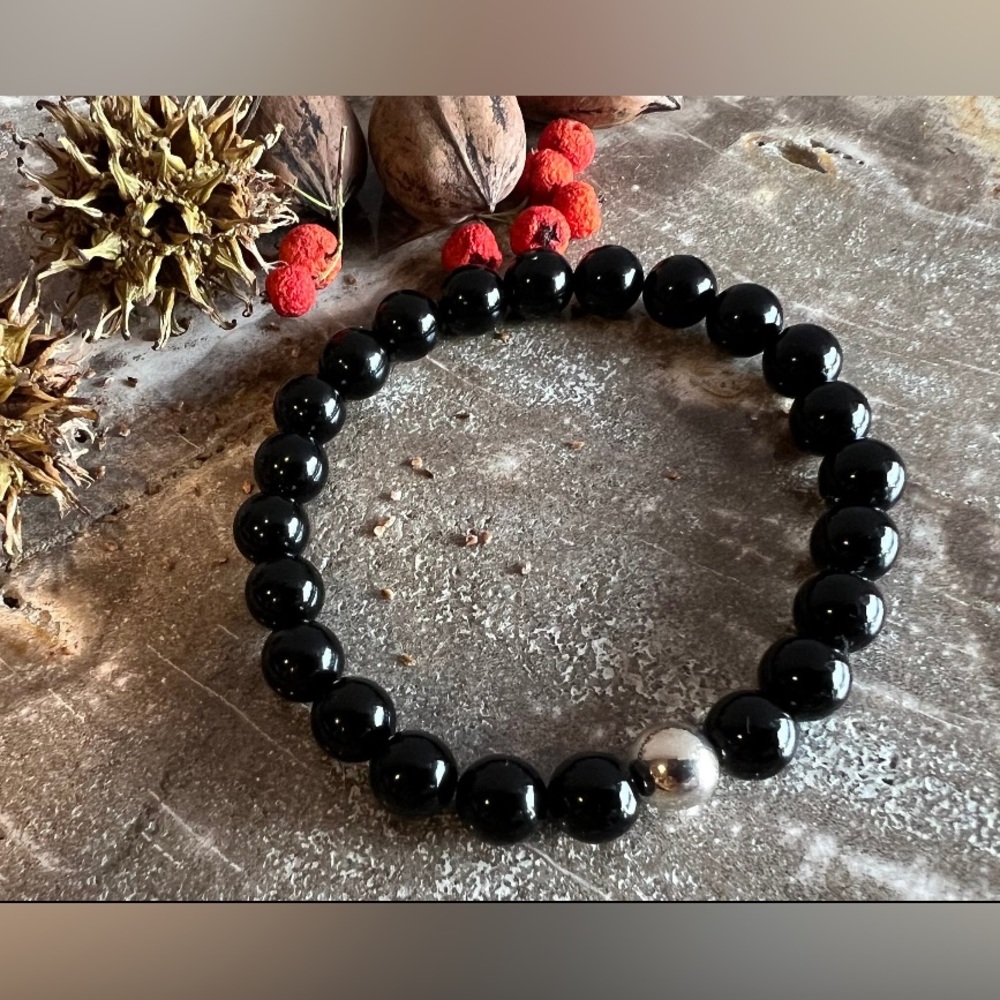 Men Women .925 Silver Black Onyx Bracelet Natural Gematone Strech 8mm 19cm